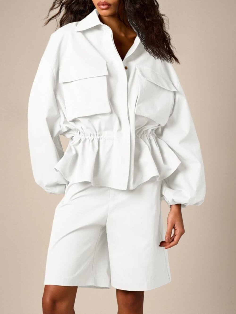 White Peplum Cargo Jacket with Cinched Waist - Picture 2 of 6